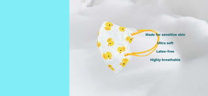 Banner of Pasture Kids mask with rubberduck print and features including sensitive skin, ultra soft, latex-free and highly breathable material
